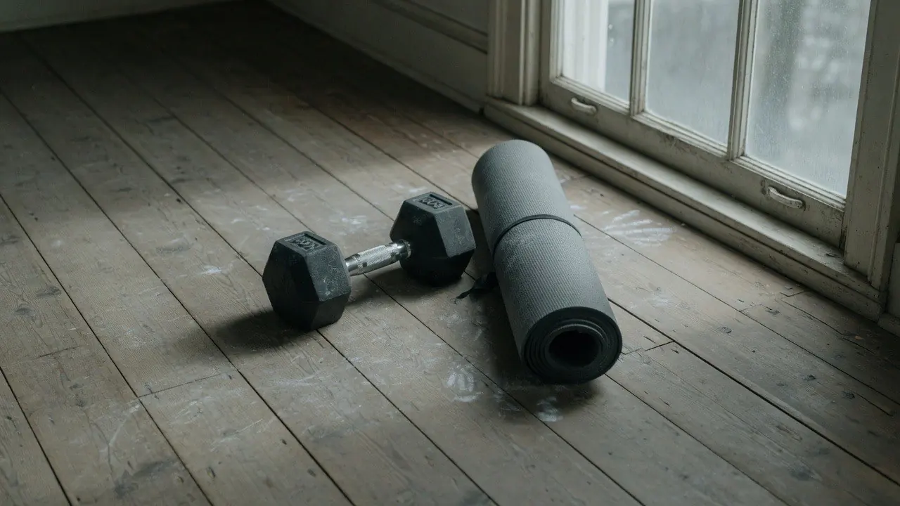 Dumbbells and a rolled exercise mat on a wooden floor