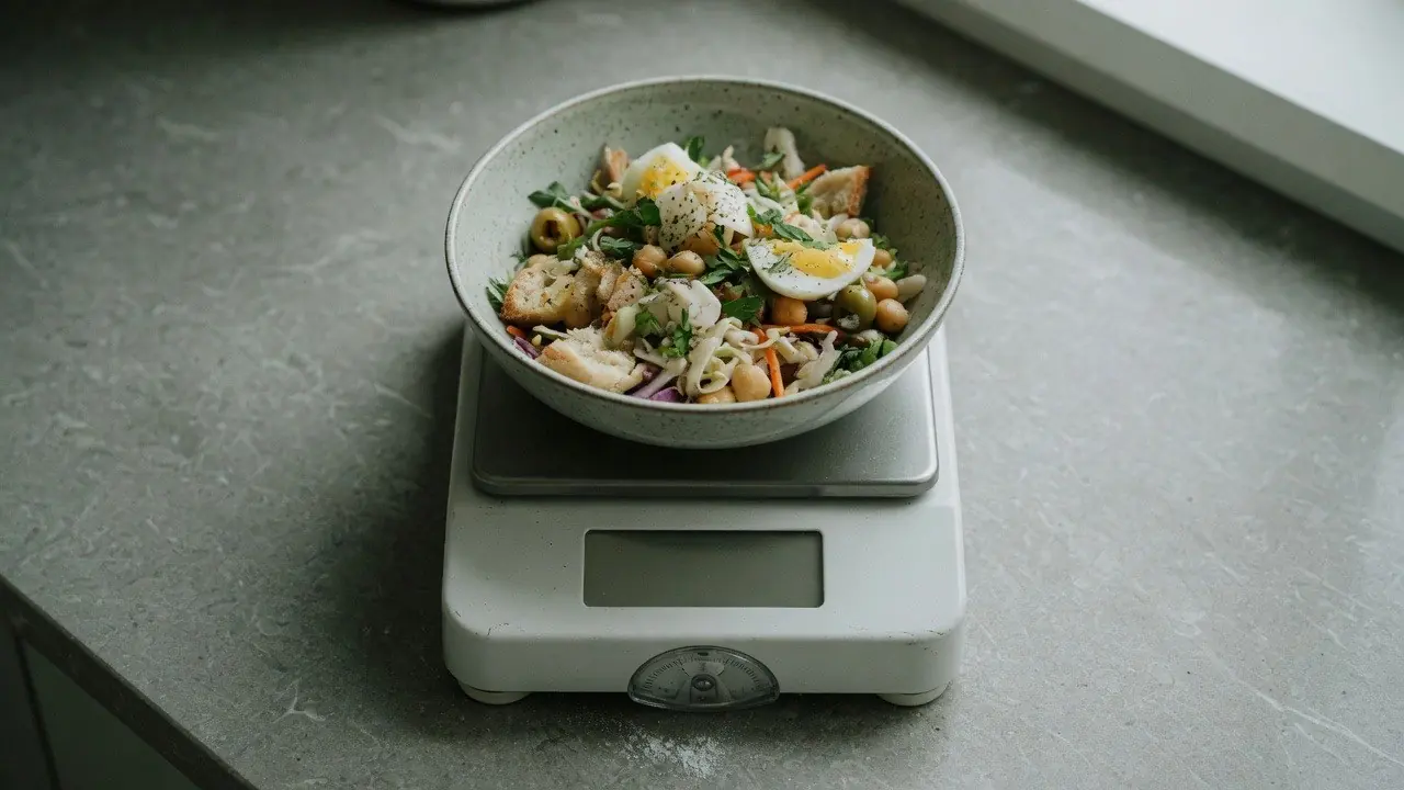 A bowl of food resting on a kitchen scale