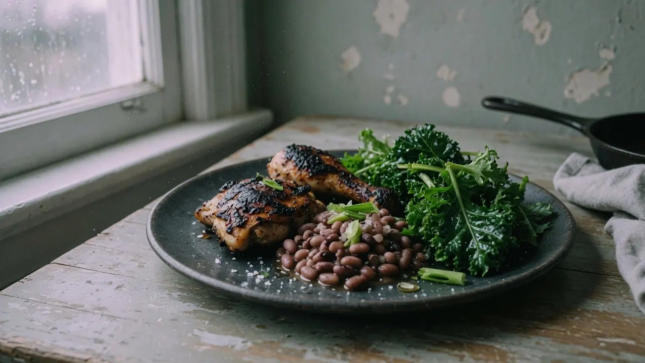 A plate of beans, grains and leafy vegetables