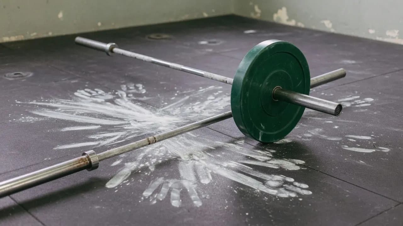 A loaded barbell resting on a marked gym floor