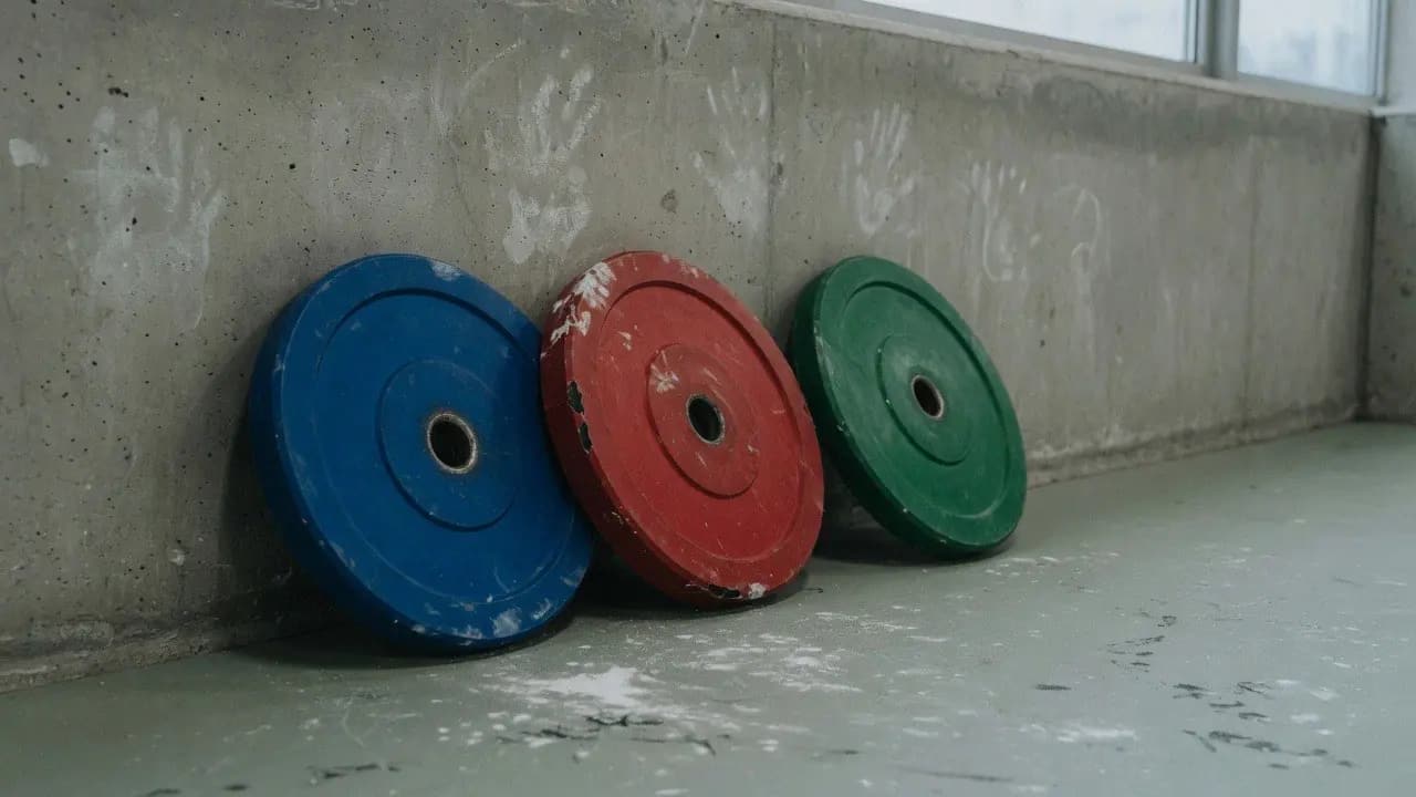 Blue, red and green weight plates leaning against a wall