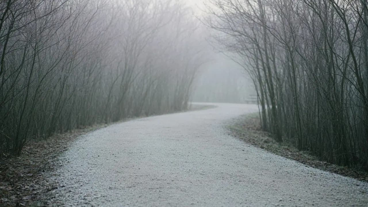 A quiet path curving through a misty forest