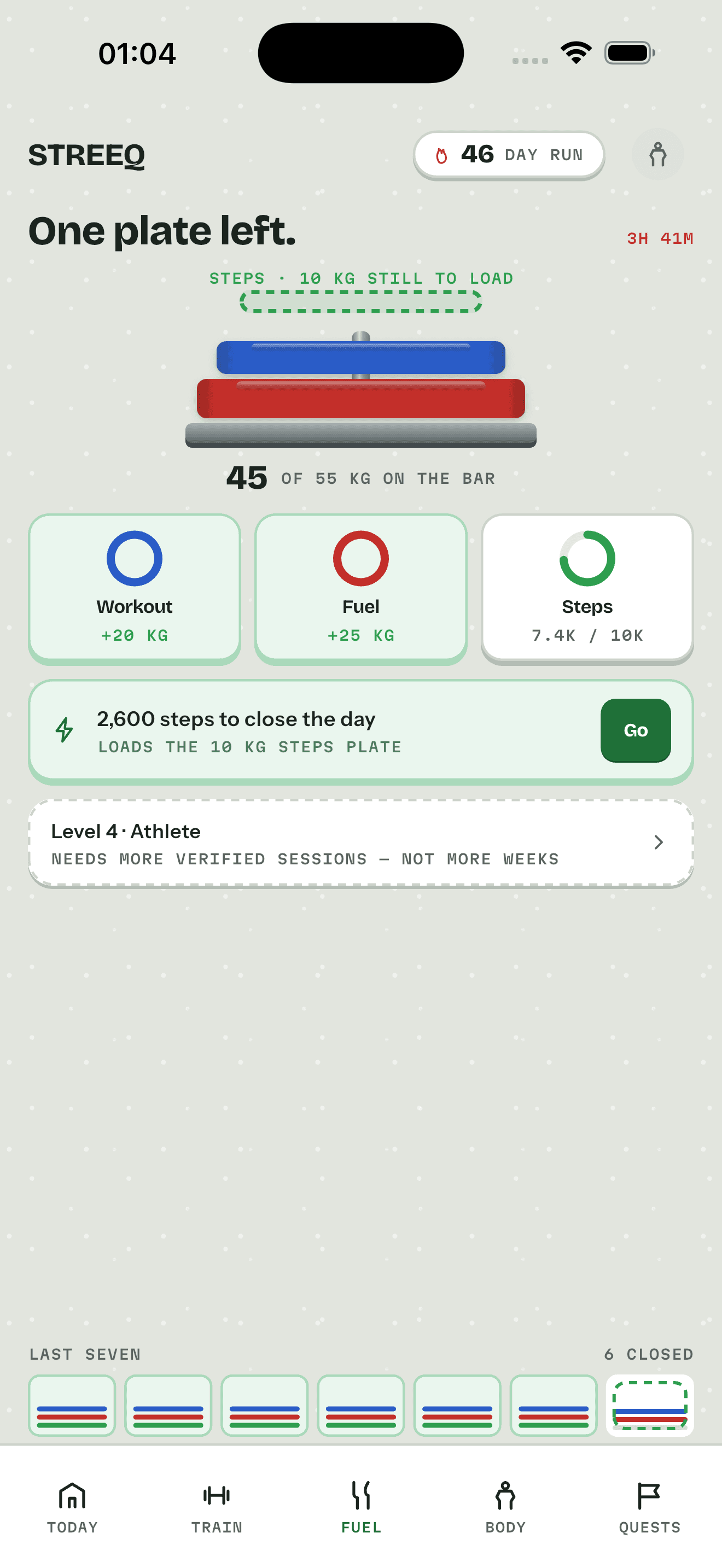 The complete populated STREEQ Today screen, with two plates loaded, progress rings, the remaining steps target and the last seven days.
