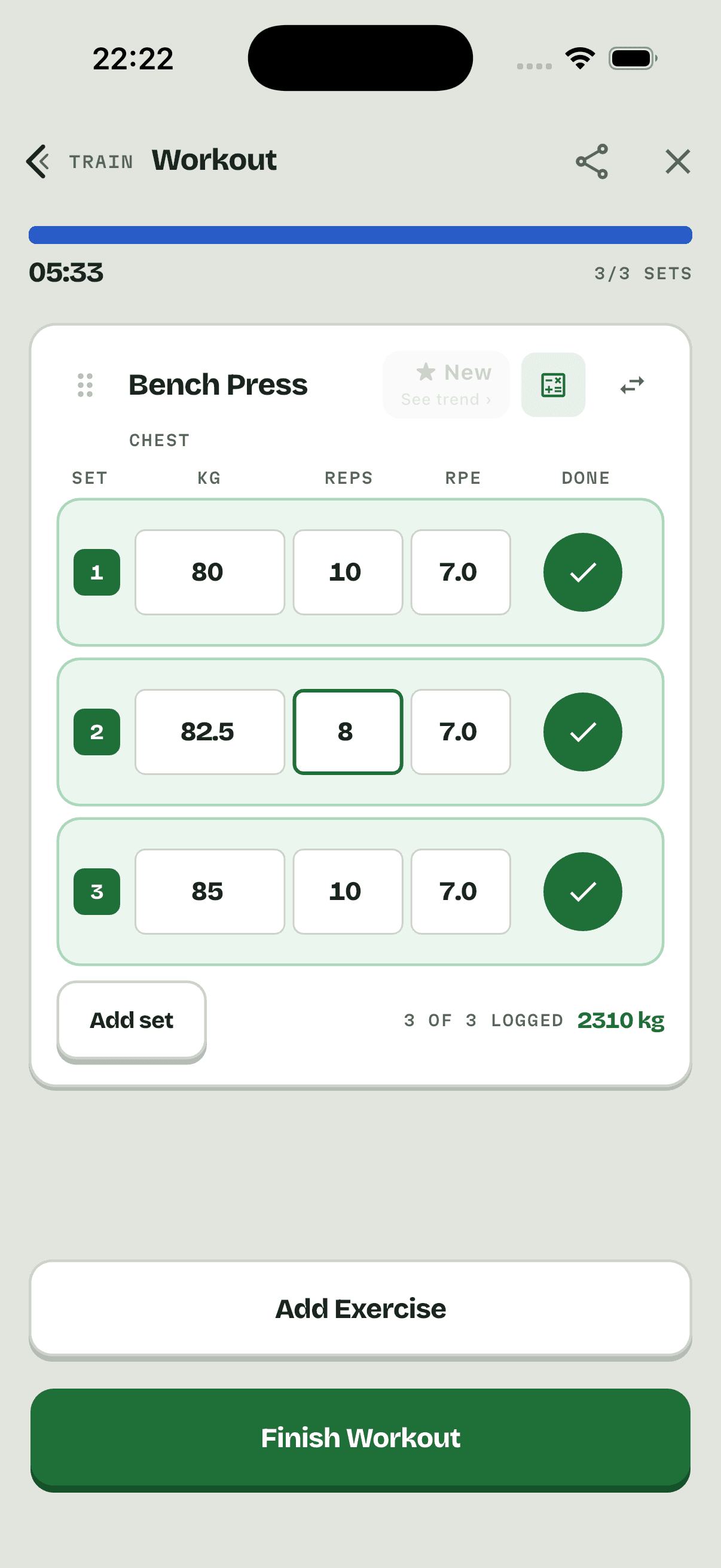 A complete STREEQ workout screen with three completed bench press sets.