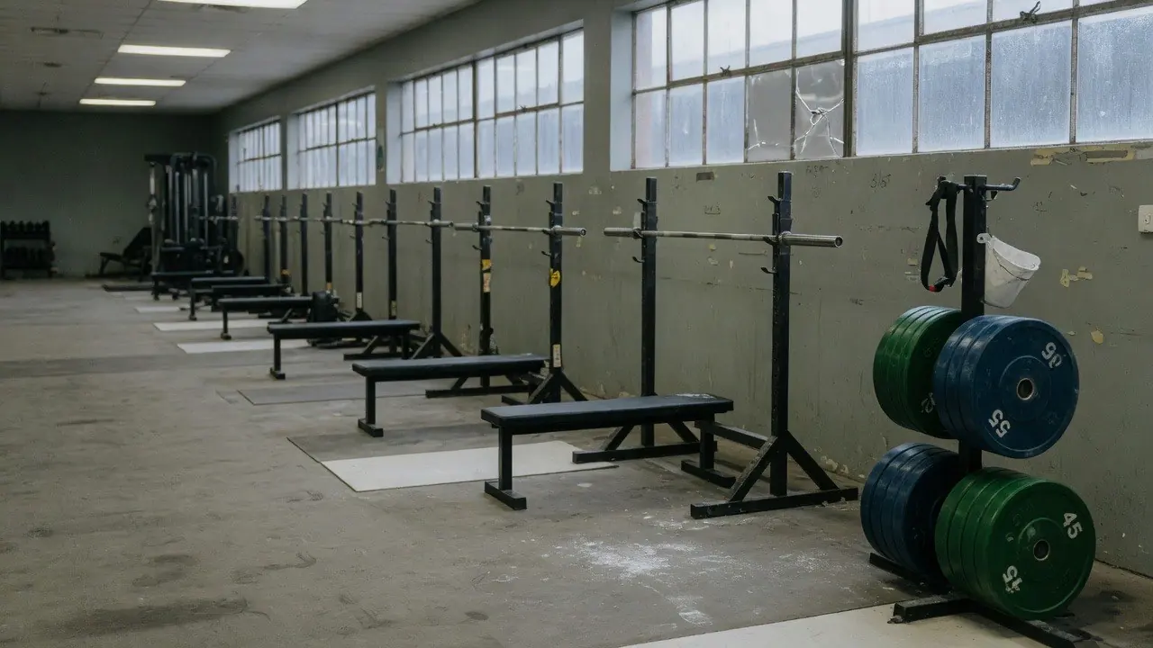 An empty gym with benches and weight plates
