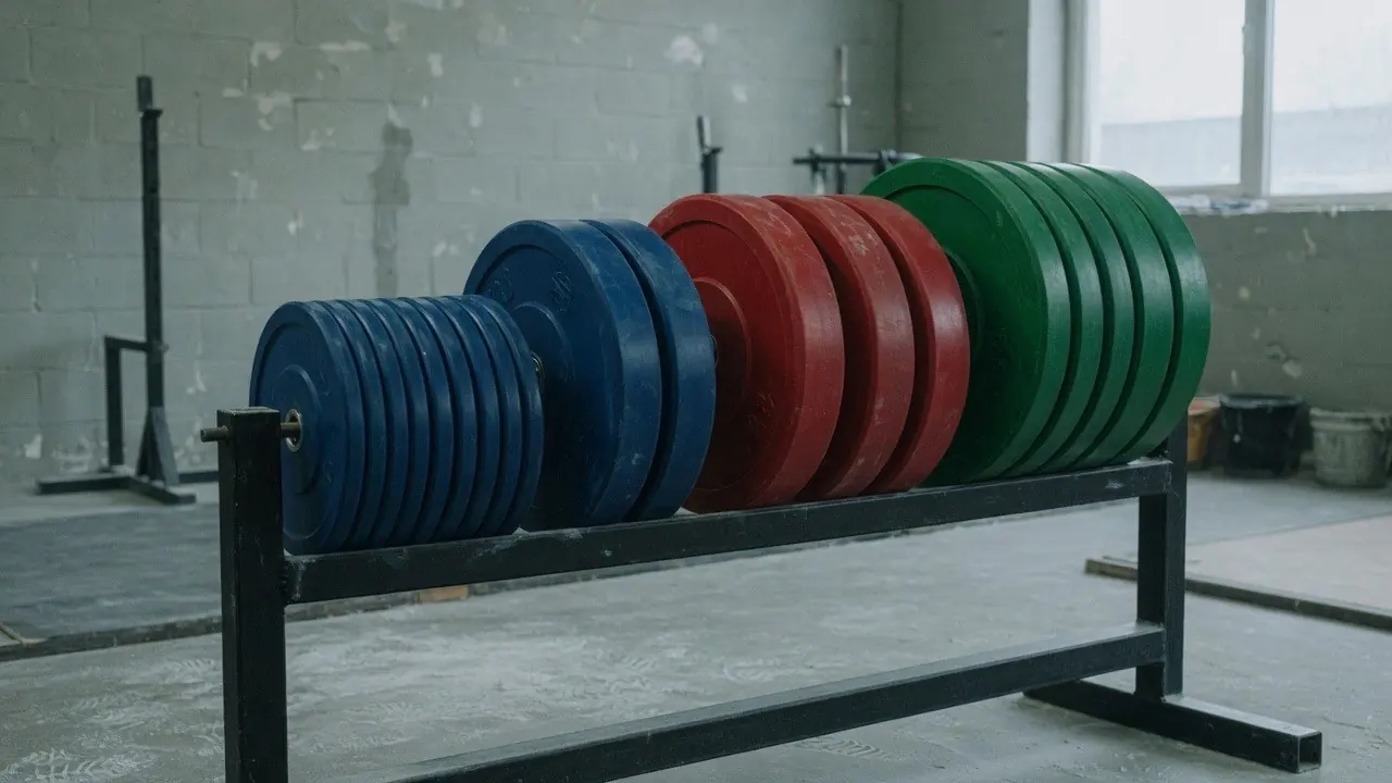 Rows of blue, red and green weight plates on a rack