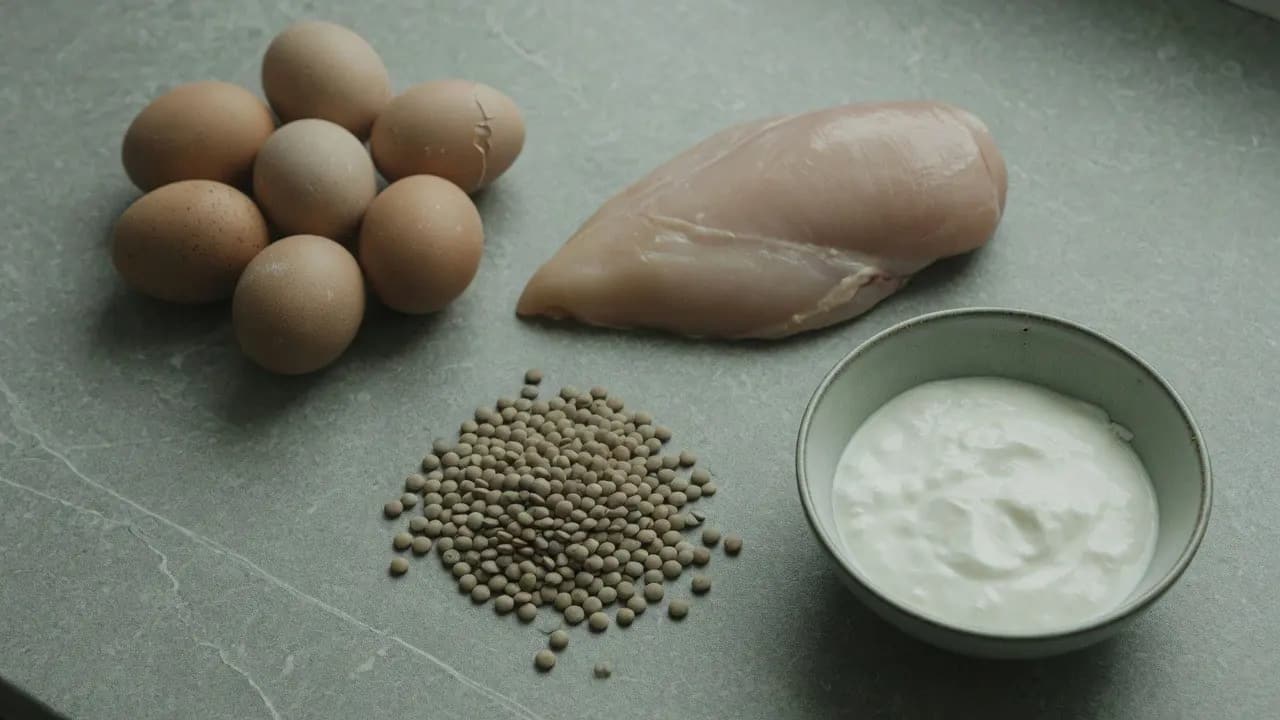 Eggs, chicken, lentils and yoghurt arranged as protein sources