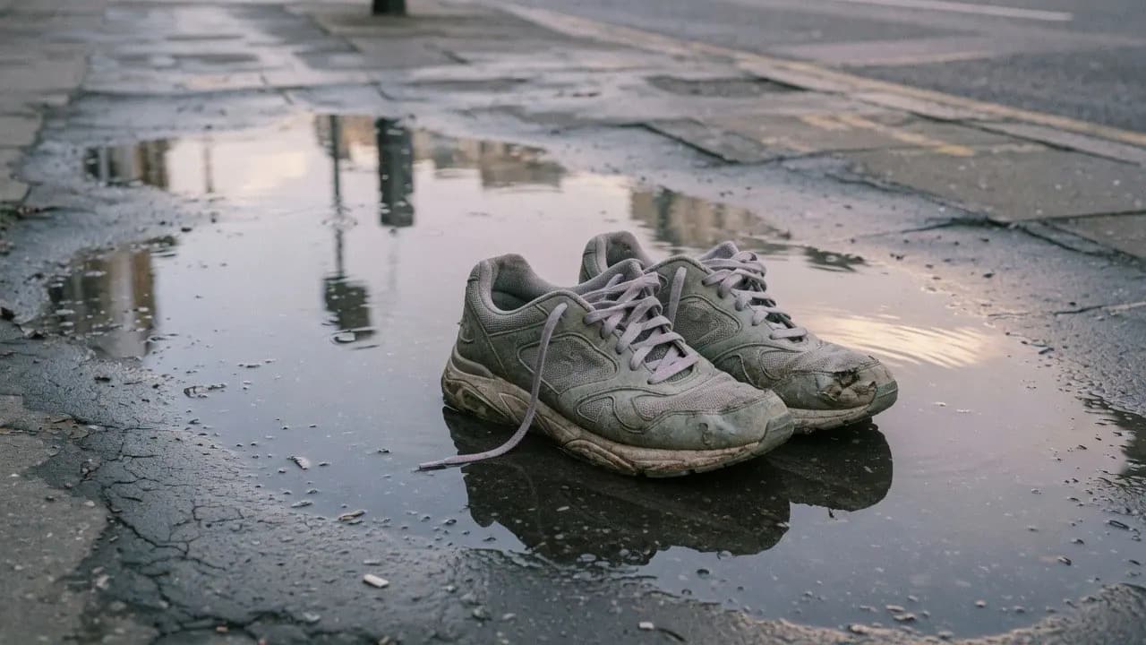 Running shoes on a wet pavement after a walk