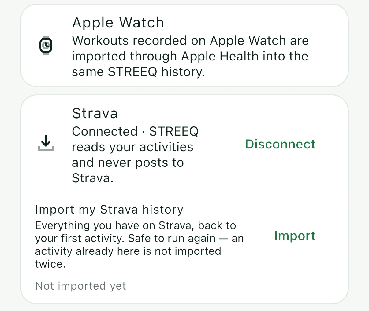 The STREEQ health screen: Apple Watch imported through Apple Health, and Strava connected read only.