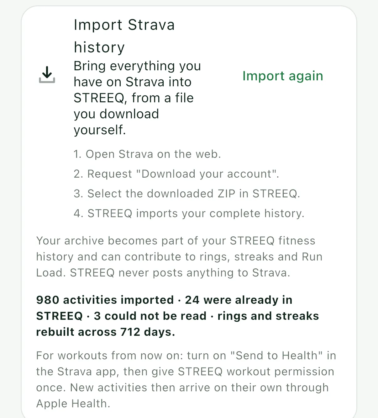 A finished Strava archive import: 980 activities imported, rings and streaks rebuilt across 712 days.