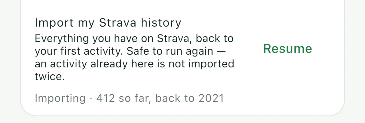 A Strava import running in STREEQ: 412 activities so far, back to 2021.