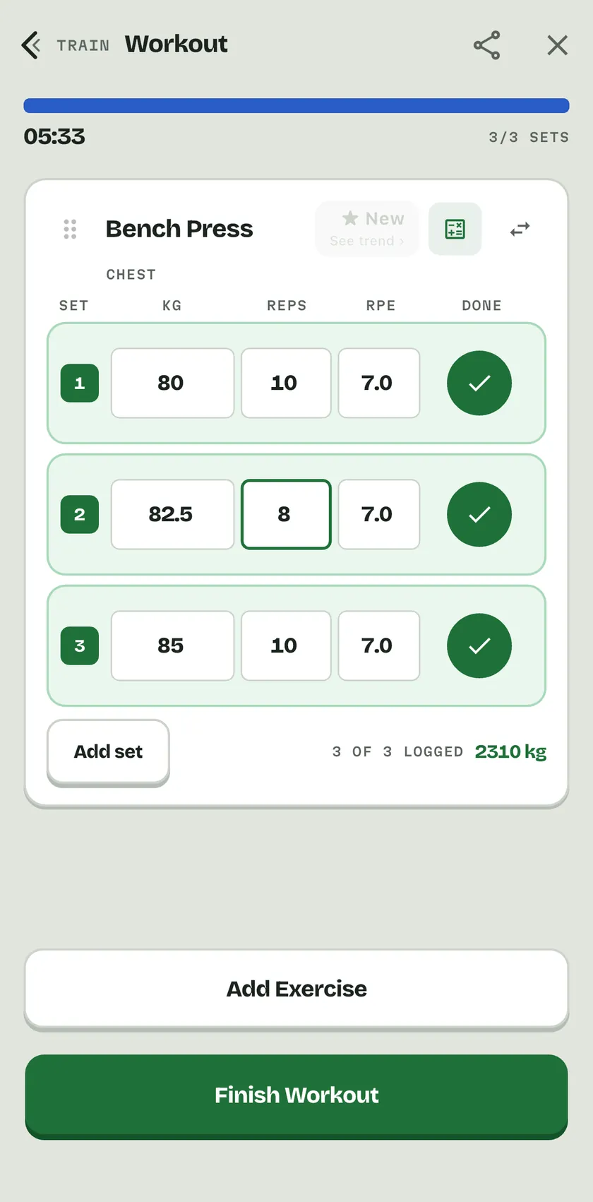 A STREEQ workout with three bench press sets logged at 80, 82.5 and 85 kg, 2310 kg of volume.