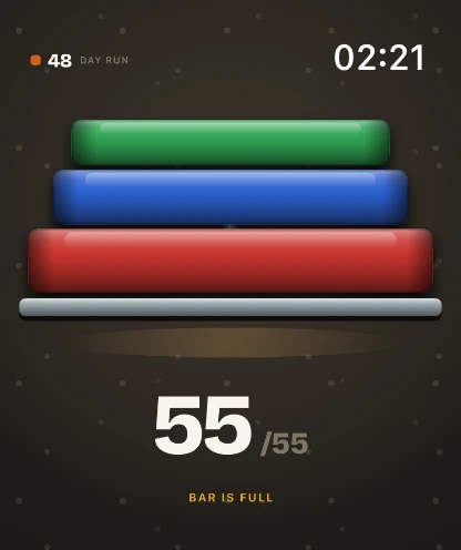 The STREEQ watch face showing three plates loaded and the bar full at 55 of 55 kg.