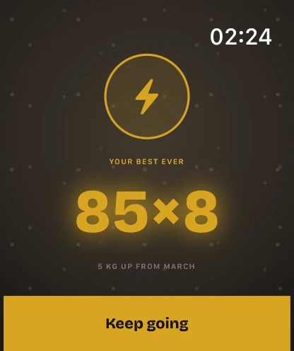 A personal record on the STREEQ watch: 85 by 8, five kilos up from March.