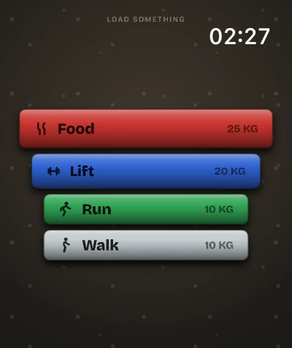 The STREEQ watch start screen offering food, lift, run and walk, each worth a plate.